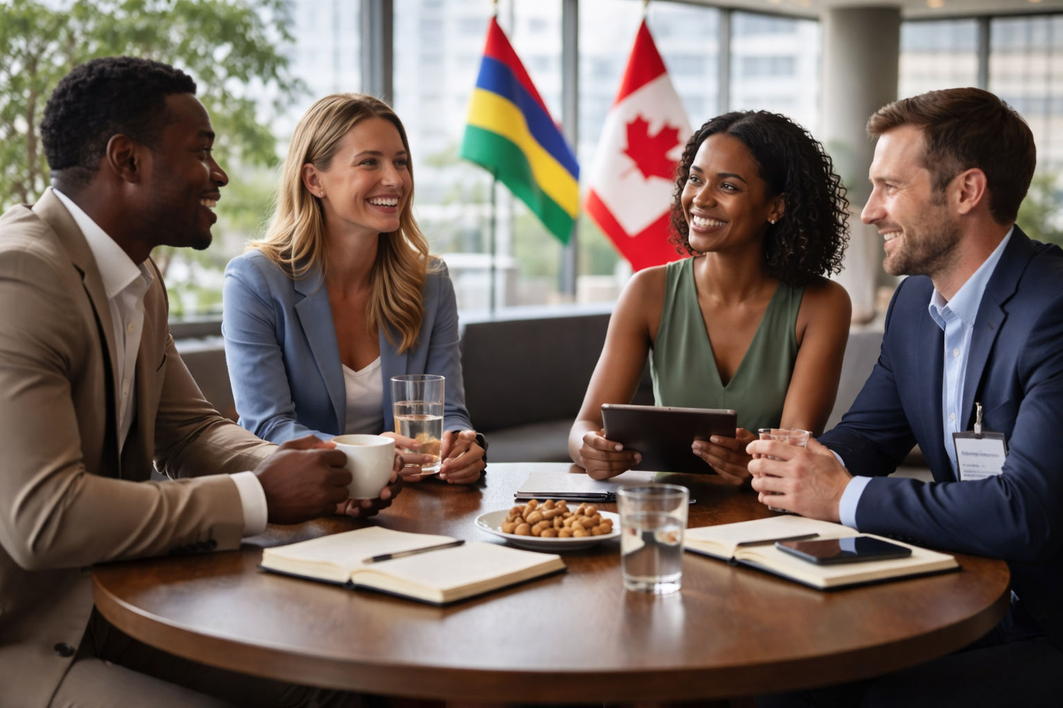 Working group members collaborating around a table on trade strategies